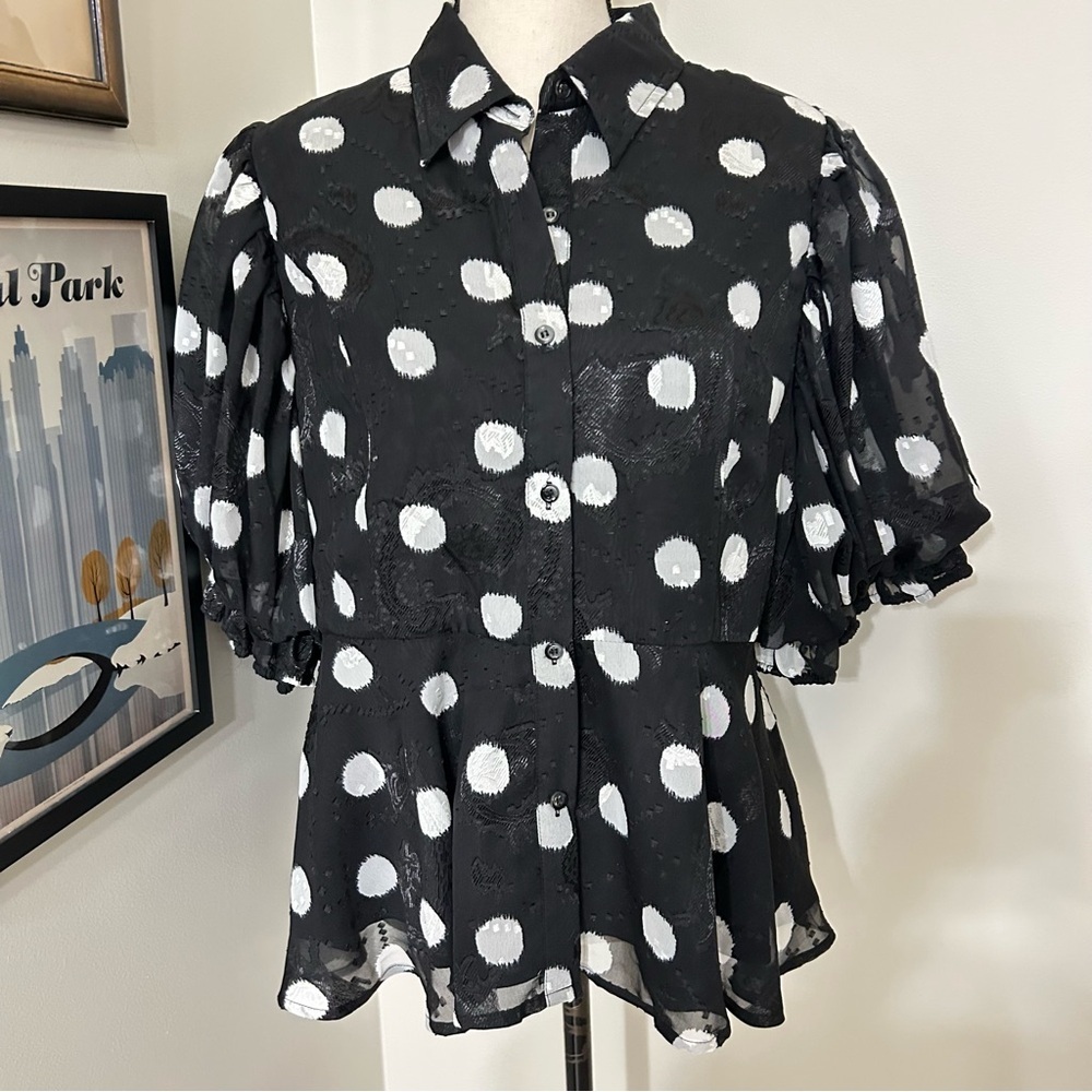 Gracia Black and White Polka Dot Puff Sleeve Blouse SZXL
